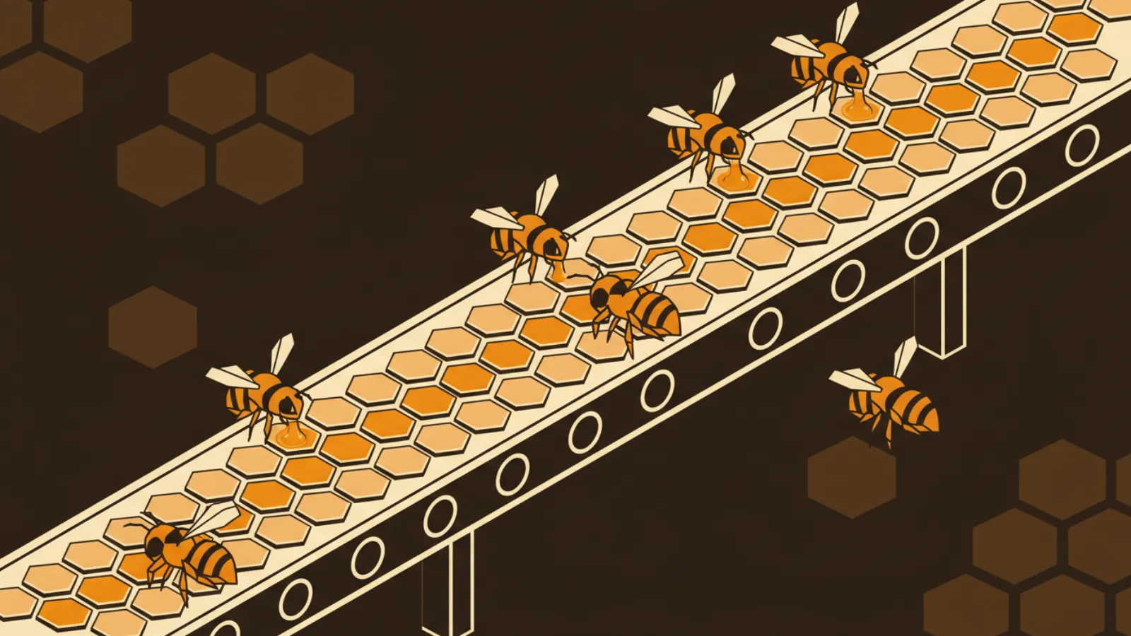 Bees filling rows of honey cells on a long conveyor belt.