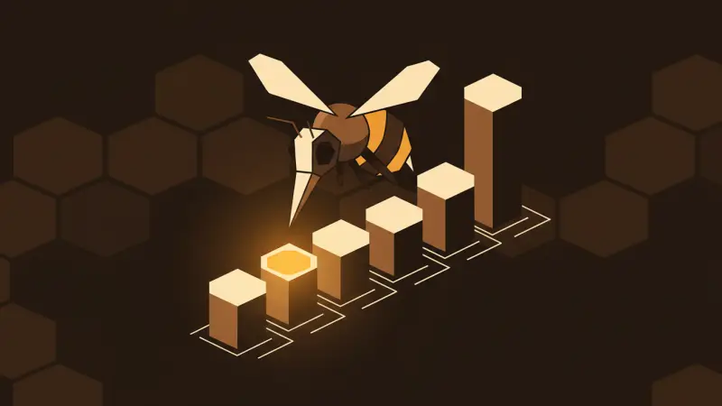 A bee choosing the lowest of a row of hexagonal columns, the lowest lit in amber.