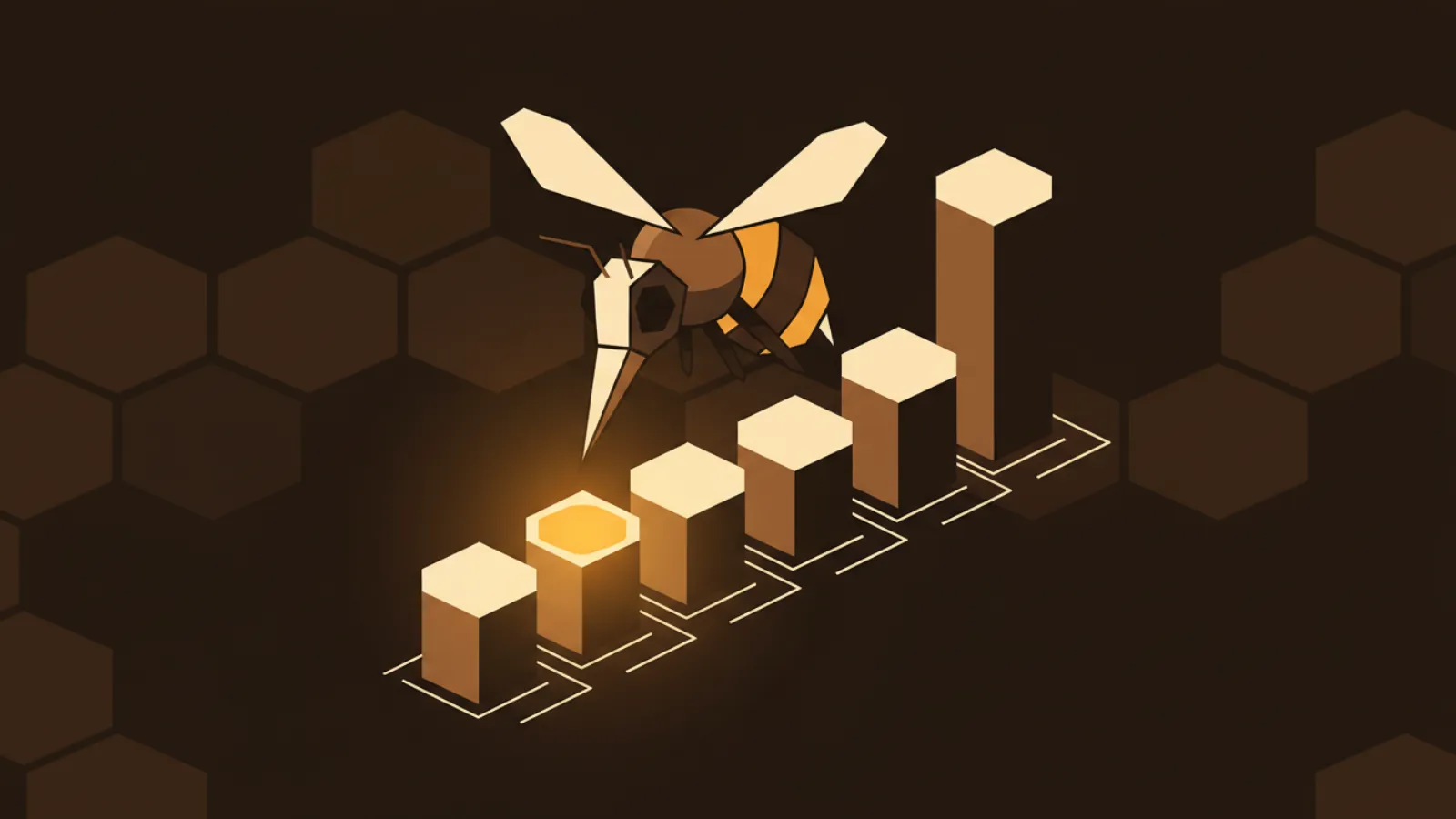 A bee choosing the lowest of a row of hexagonal columns, the lowest lit in amber.