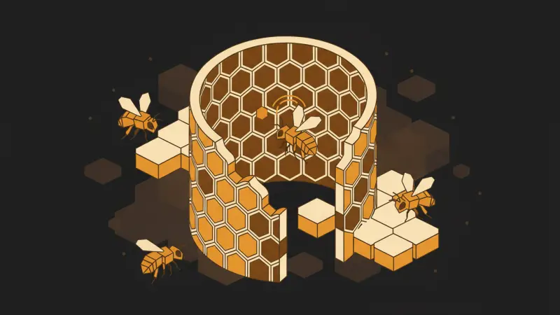 A beehive inside a curved wall of honeycomb, one amber bee within the wall while the others stay outside.