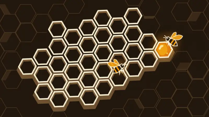 A new amber cell joining the edge of a honeycomb as two bees bring it in.