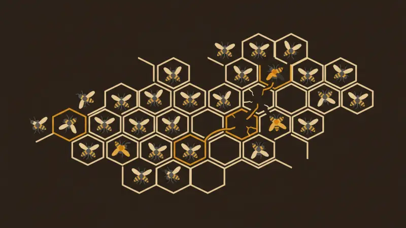 Bees moving across a honeycomb grid, their path bending in amber around a cracked cell.