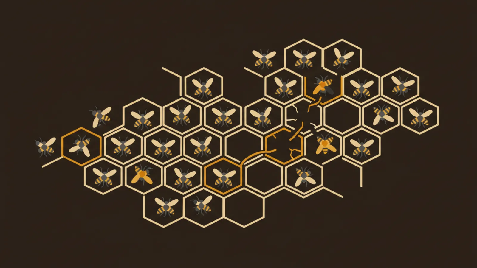 Bees moving across a honeycomb grid, their path bending in amber around a cracked cell.