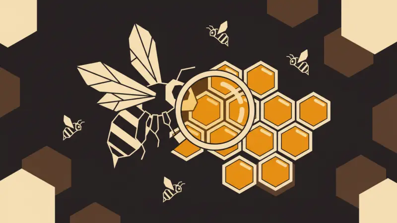 A bee holding a magnifying lens over amber honeycomb cells.