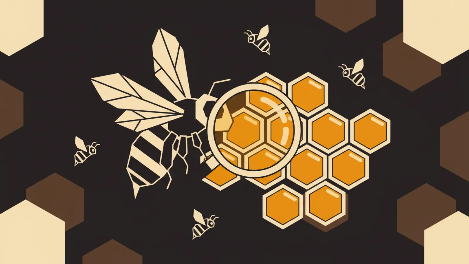 A bee holding a magnifying lens over amber honeycomb cells.